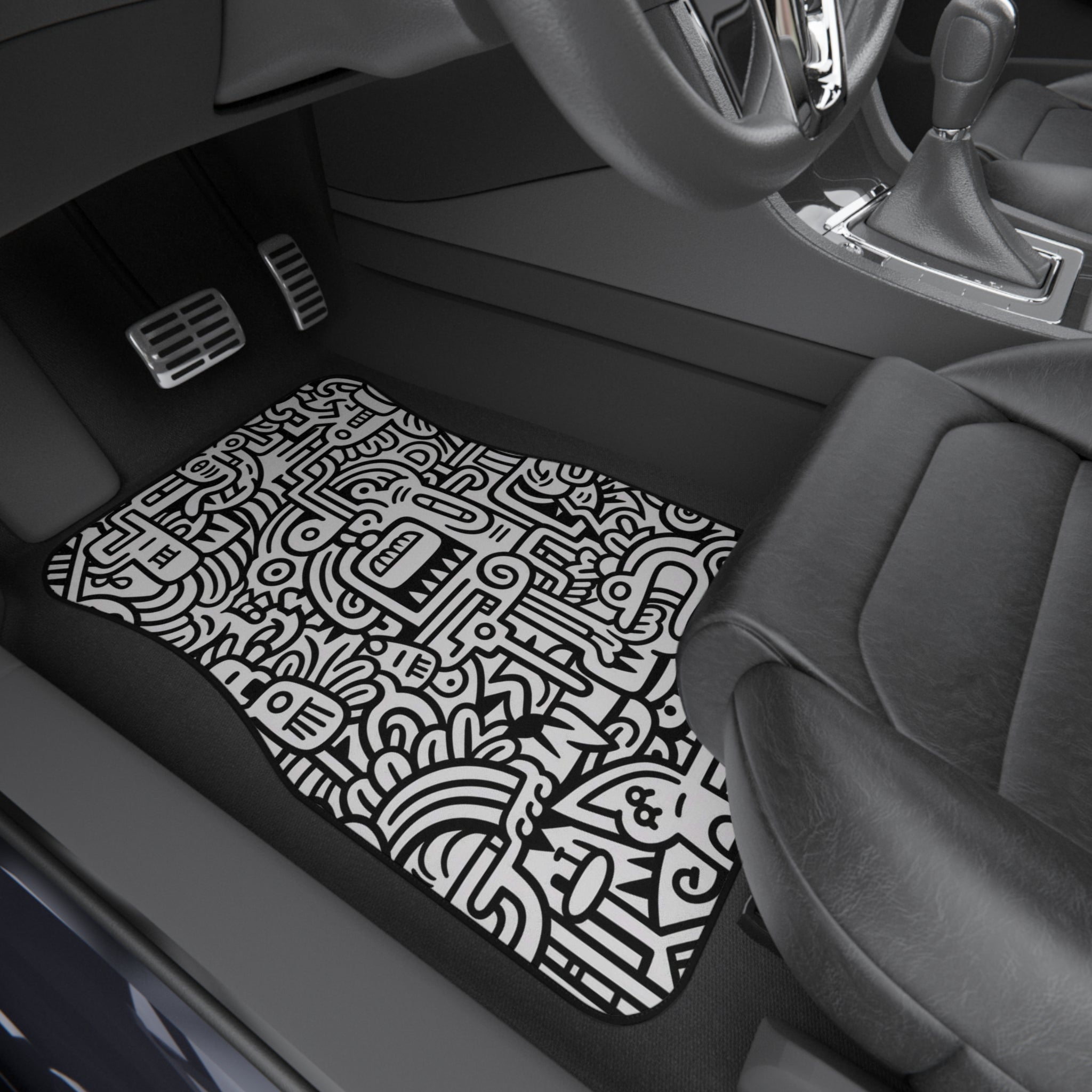 Abstract Doodle Car Mats (Set of 4) — Black & White Street Art Floor Liners